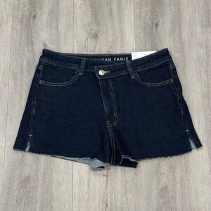 American Eagle Outfitters Casual Dark Blue Denim Mom Jean Shorts with Raw Hem
